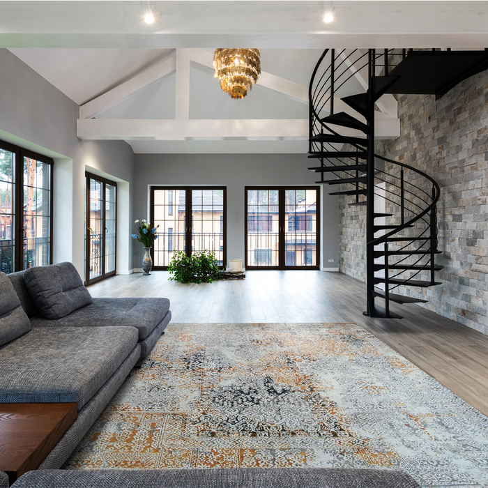 Intrecciare 8x10 Grey/Rust Wool and Silk Embossed