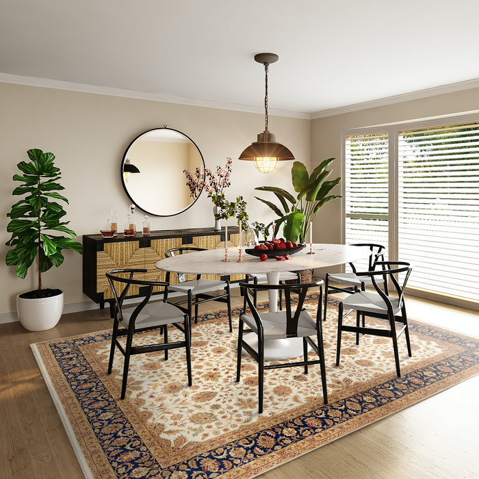 Indo Persian 8x10  Beige/Dark Blue Wool and Silk