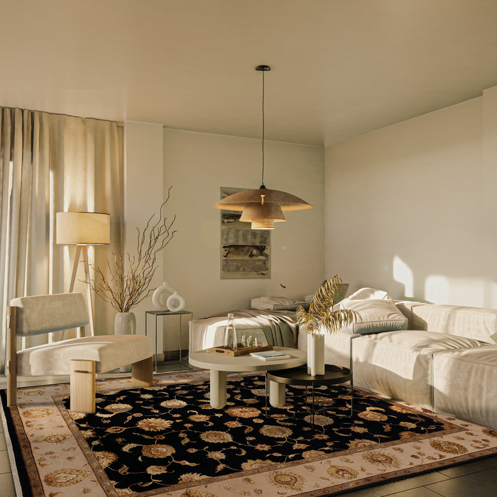 New Kashan 8x10 Beige/Black Wool and Silk Embossed