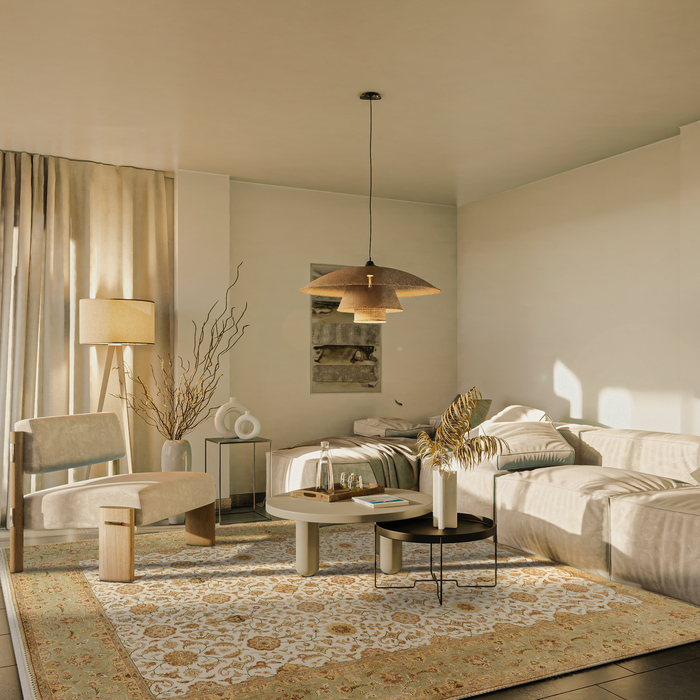 New Kashan 9x12 Beige/Light Green Wool and Silk