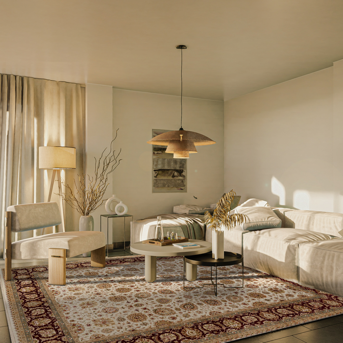 New Kashan 8x10 Beige/Burgundy Wool and Silk