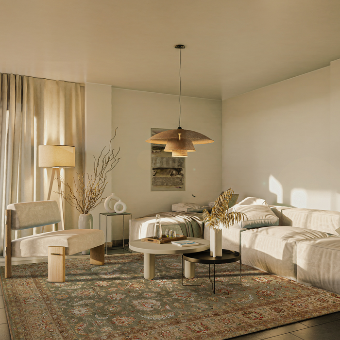 New Kashan 8x10 Green/Brown/Light Blue Wool and Silk