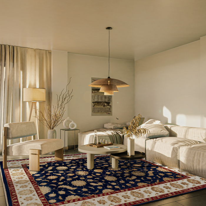 New Varanasi 8x10 Gold/Ivory/Blue Wool and Silk