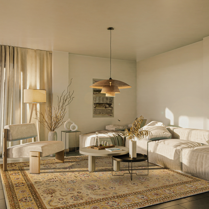 New Kashan 9x12 Ivory/Golden Brown Wool and Silk