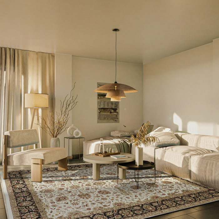 Indo Persian 8x10 Ivory/Black Wool and Silk