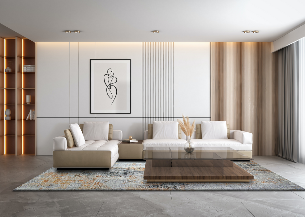 Intrecciare 8x10 Grey/Rust Wool and Silk Embossed