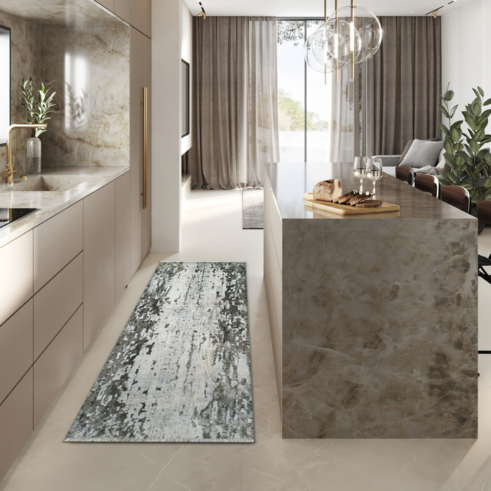 Moss 3x8 Grey/Silver Wool and Silk