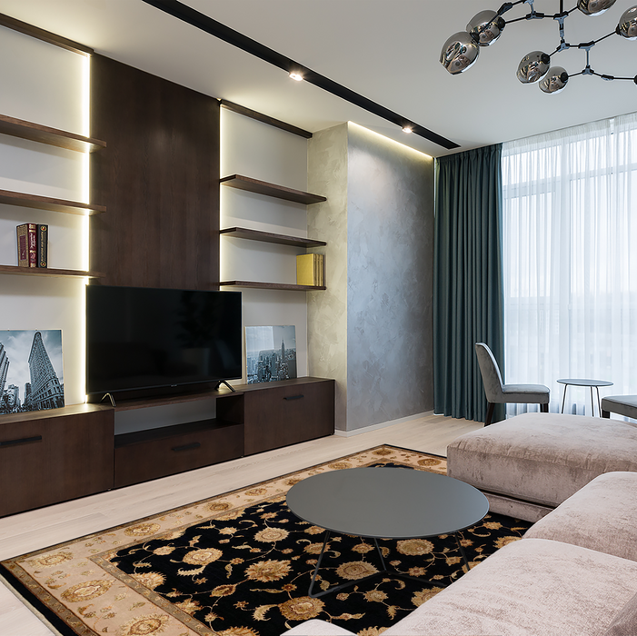 New Kashan 8x10 Beige/Black Wool and Silk Embossed