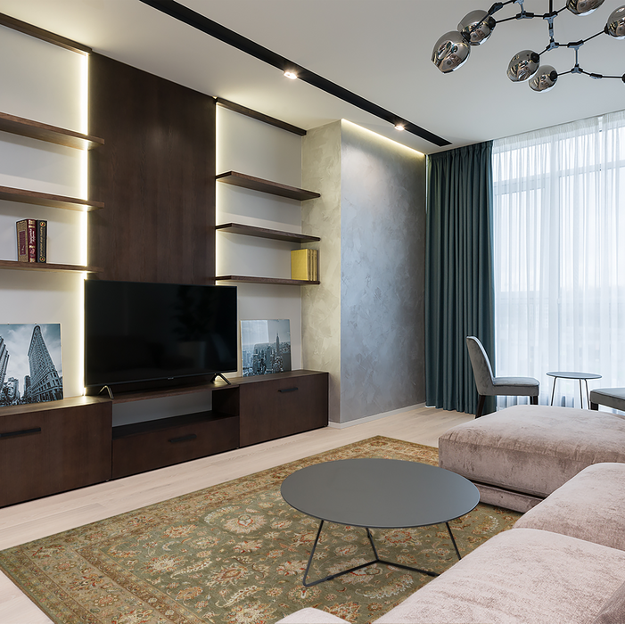 New Kashan 8x10 Green/Brown/Light Blue Wool and Silk