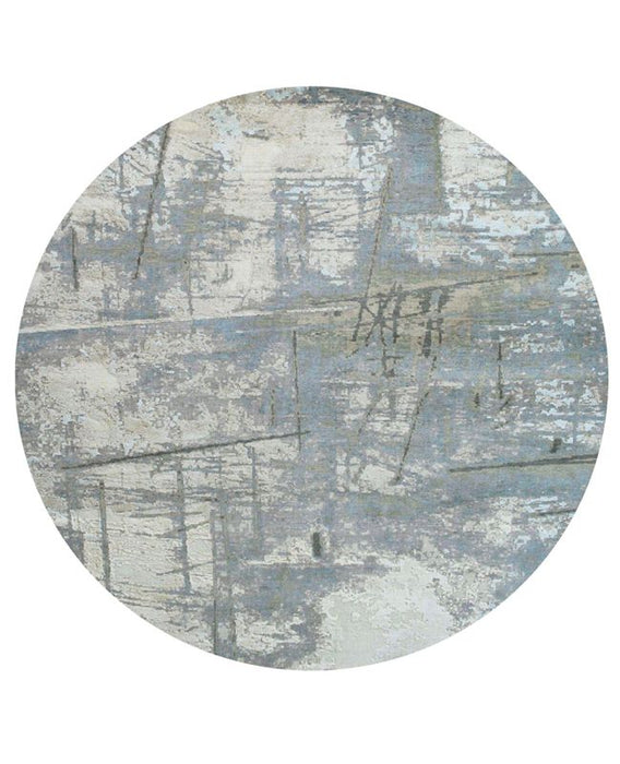 Custom Order: 8 feet Round Spatial Grey/Blue/Ivory Wool and Silk