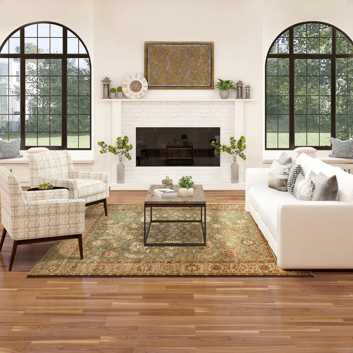 New Kashan 8x10 Green/Brown/Light Blue Wool and Silk