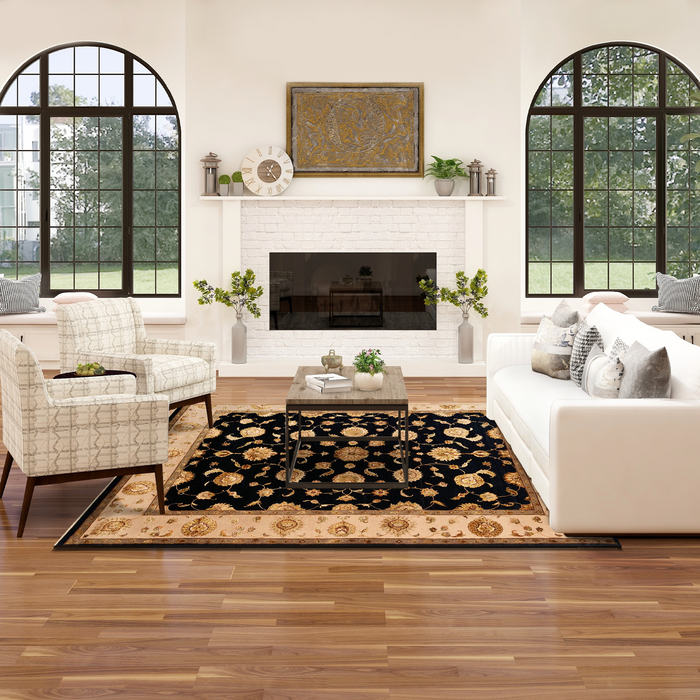 New Kashan 8x10 Beige/Black Wool and Silk Embossed