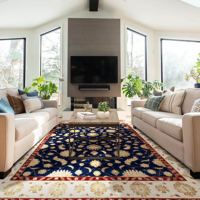 New Varanasi 8x10 Gold/Ivory/Blue Wool and Silk