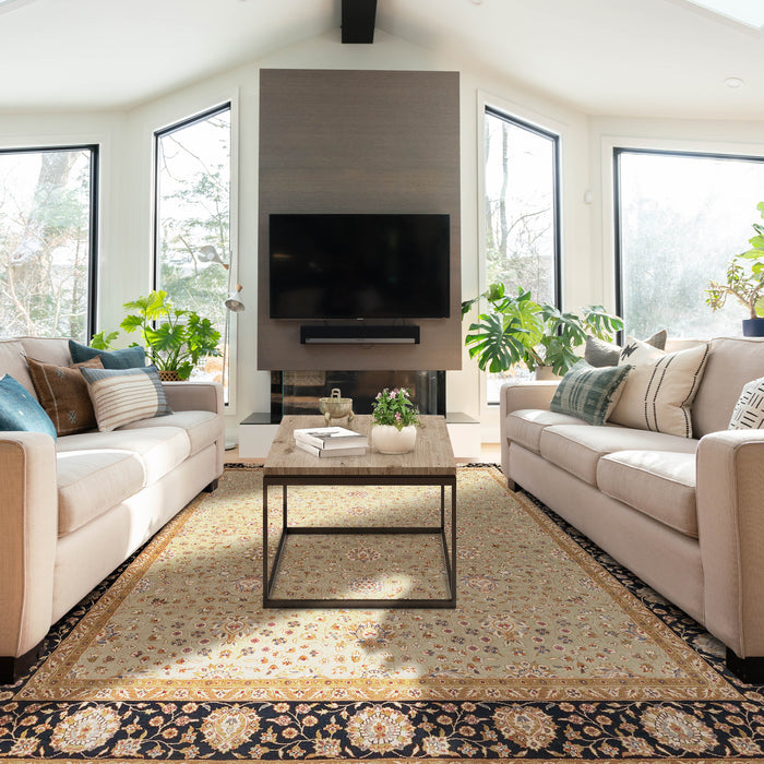 Indo Persian 8x10 Kirman Olive Green/Black Wool and Silk