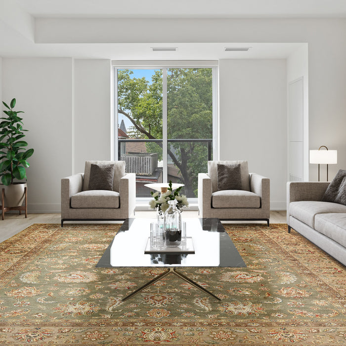 New Kashan 8x10 Green/Brown/Light Blue Wool and Silk