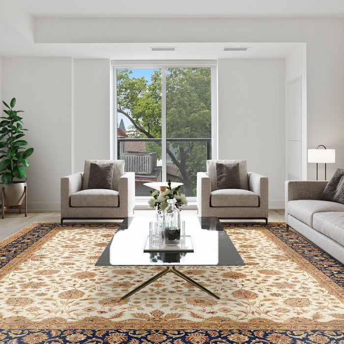 Indo Persian 8x10  Beige/Dark Blue Wool and Silk