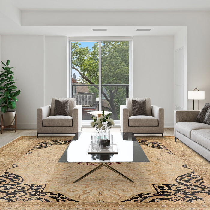 New Tabriz 9x12 Beige Wool and Silk Embossed