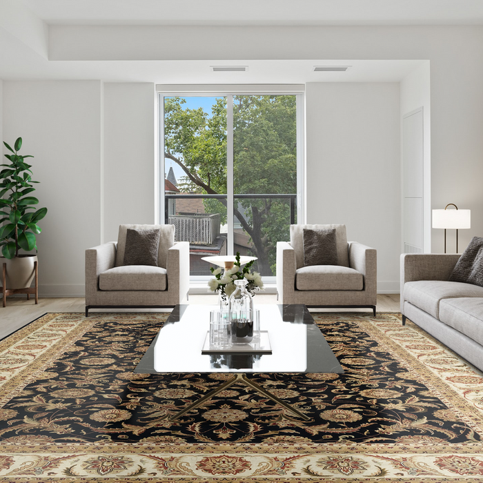 Indo Persian 9x12 Black/Beige Wool and Silk