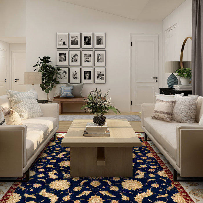 New Varanasi 8x10 Gold/Ivory/Blue Wool and Silk