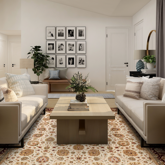 New Kashan 8x10 Beige/Burgundy Wool and Silk