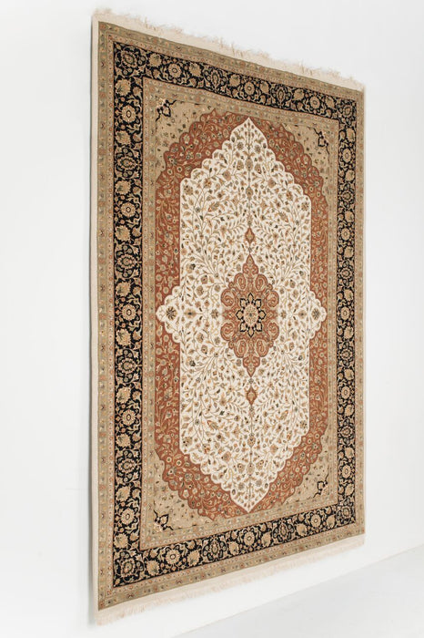 New Tabriz 6x9 Beige/Black Wool and Silk