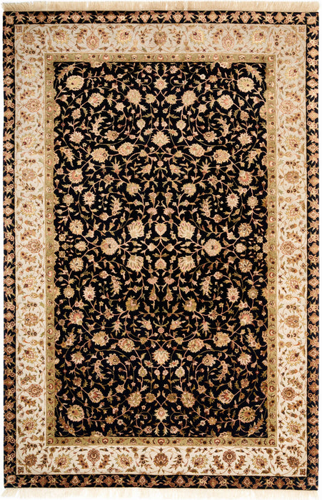 Kashan 6x9 Black/Burgundy Wool and Silk