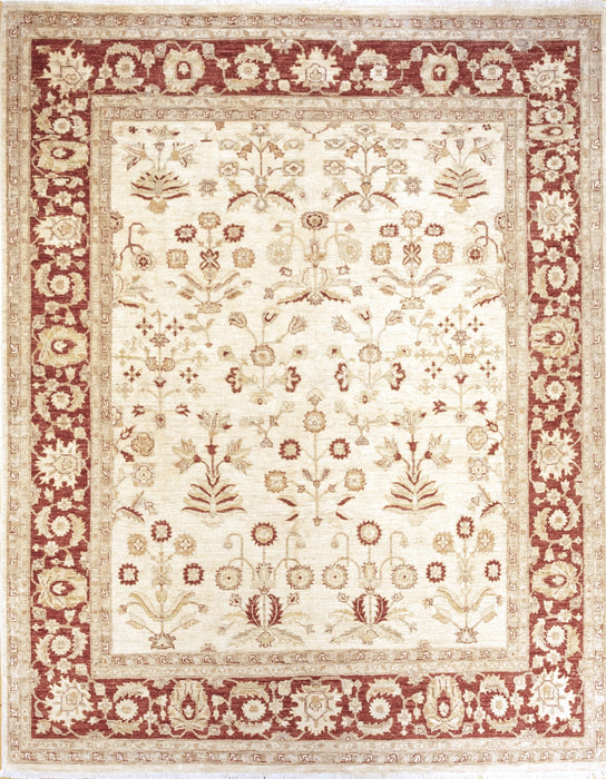 Chobi 8x10 Flower Maroon Border and Ivory Ghazni Wool