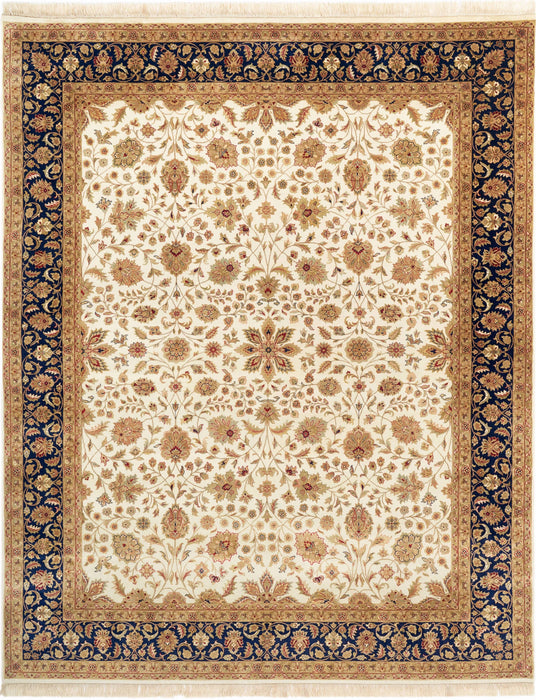 Indo Persian 8x10 Beige/Dark Blue Wool and Silk