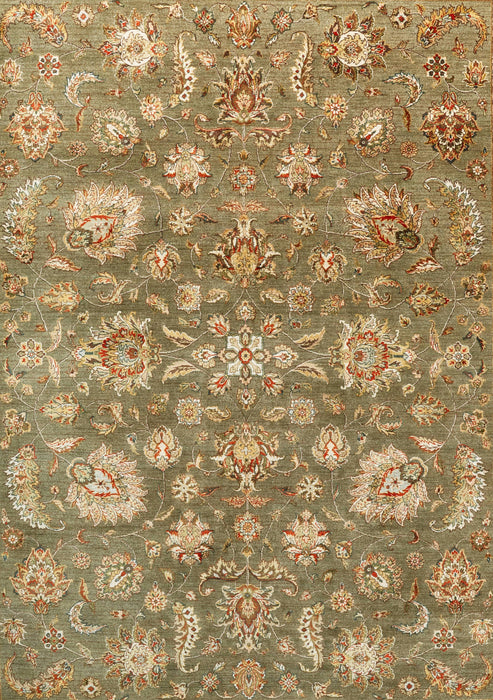 New Kashan 8x10 Green/Brown/Light Blue Wool and Silk