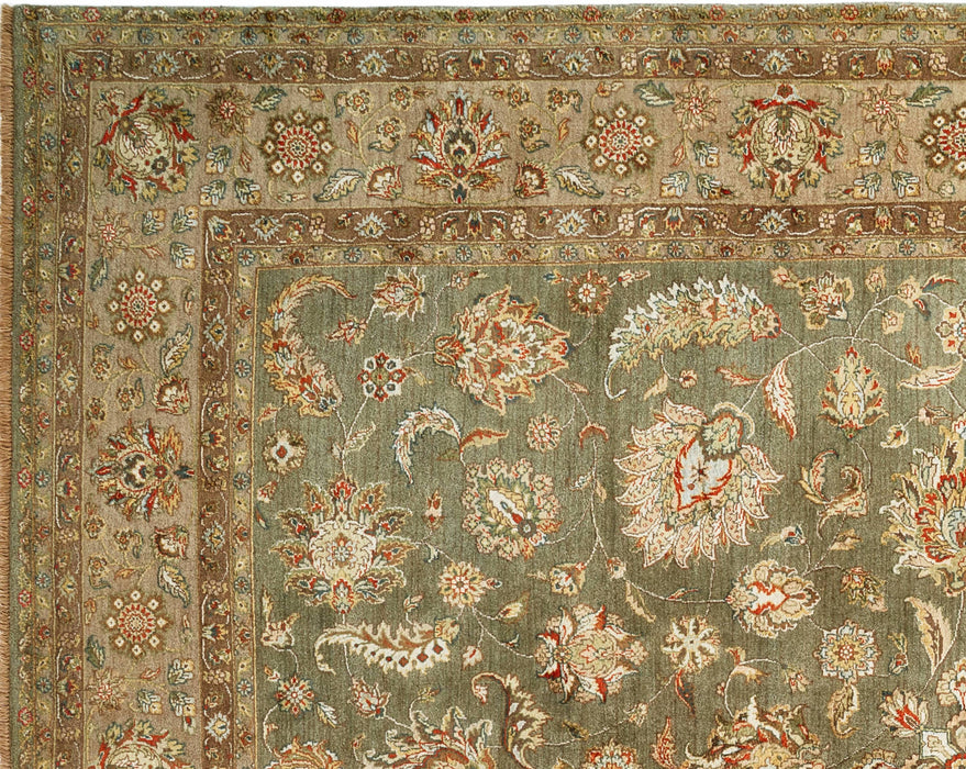 New Kashan 8x10 Green/Brown/Light Blue Wool and Silk