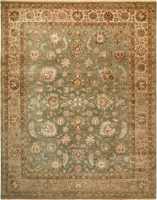 New Kashan 8x10 Green/Brown/Light Blue Wool and Silk