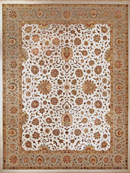 Kashan 8x10 Ivory/Olive Green Wool and Silk