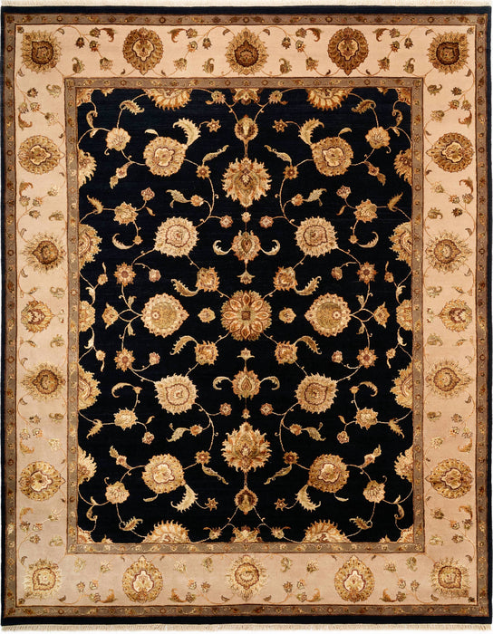 New Kashan 8x10 Beige/Black Wool and Silk Embossed