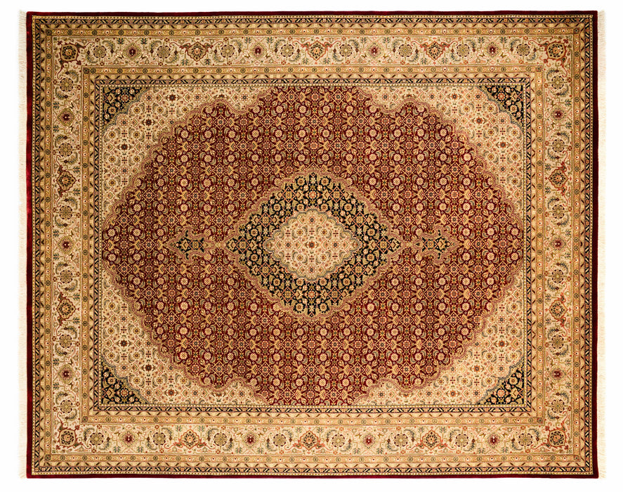 Tabriz 8x10 Burgundy/Beige/Blue Wool and Silk