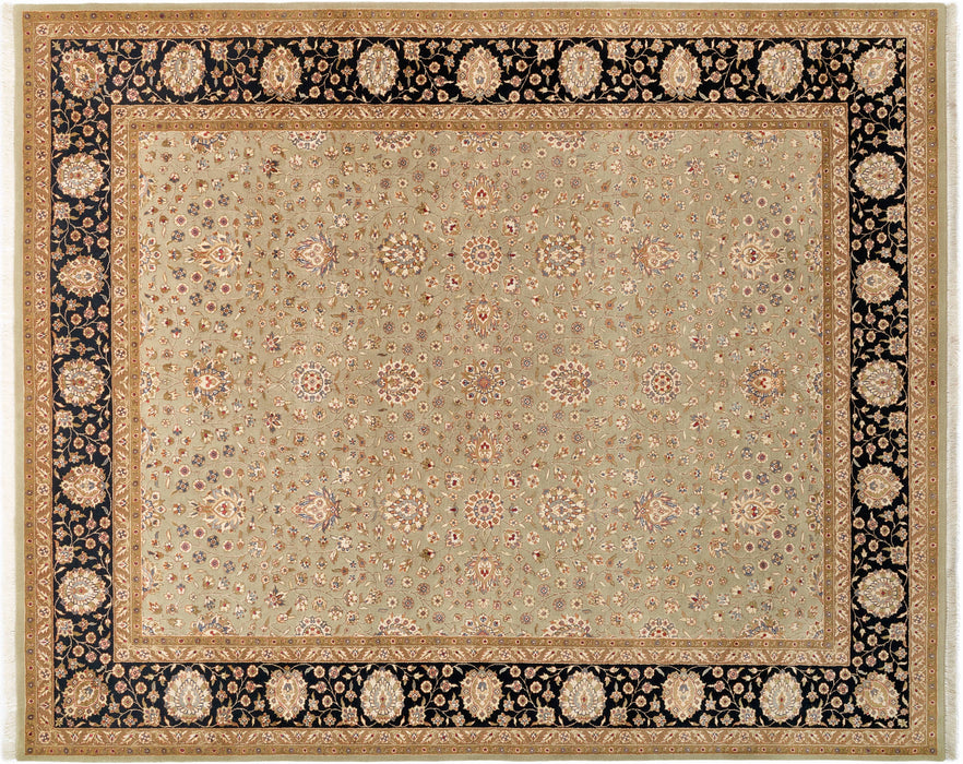 Indo Persian 8x10 Kirman Olive Green/Black Wool and Silk