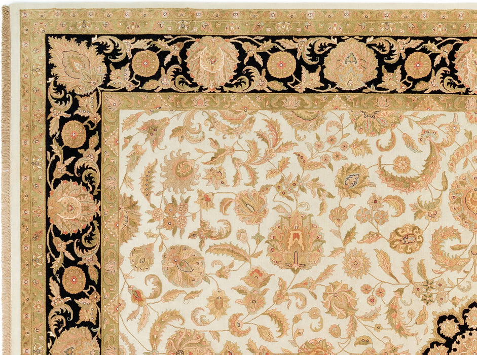 Indo Persian 9x12 Beige/Black Wool and Silk