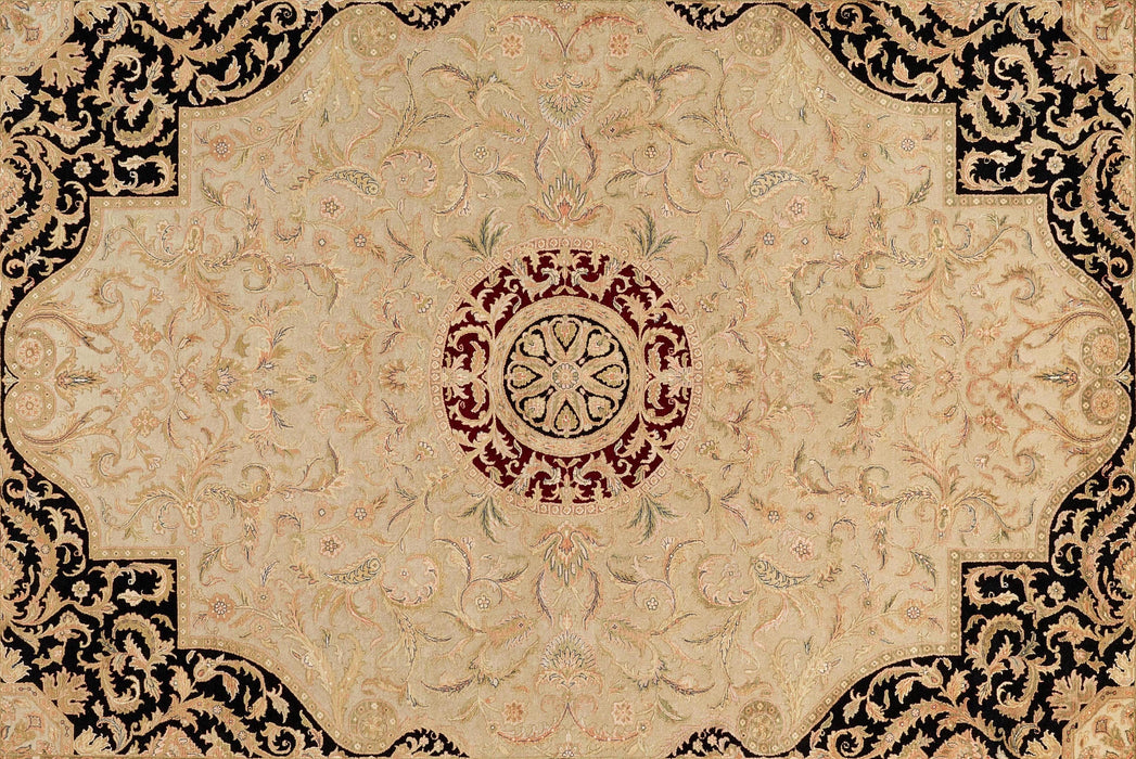 New Tabriz 9x12 Beige Wool and Silk Embossed