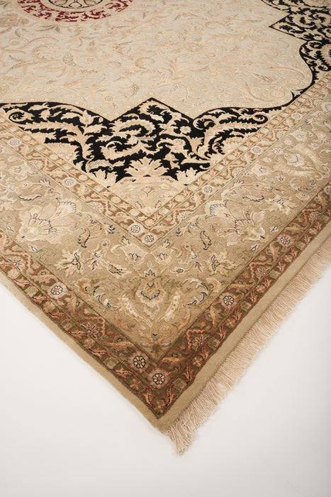 New Tabriz 9x12 Beige Wool and Silk Embossed
