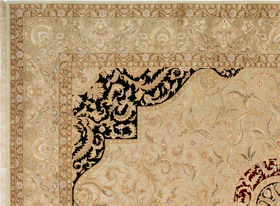 New Tabriz 9x12 Beige Wool and Silk Embossed