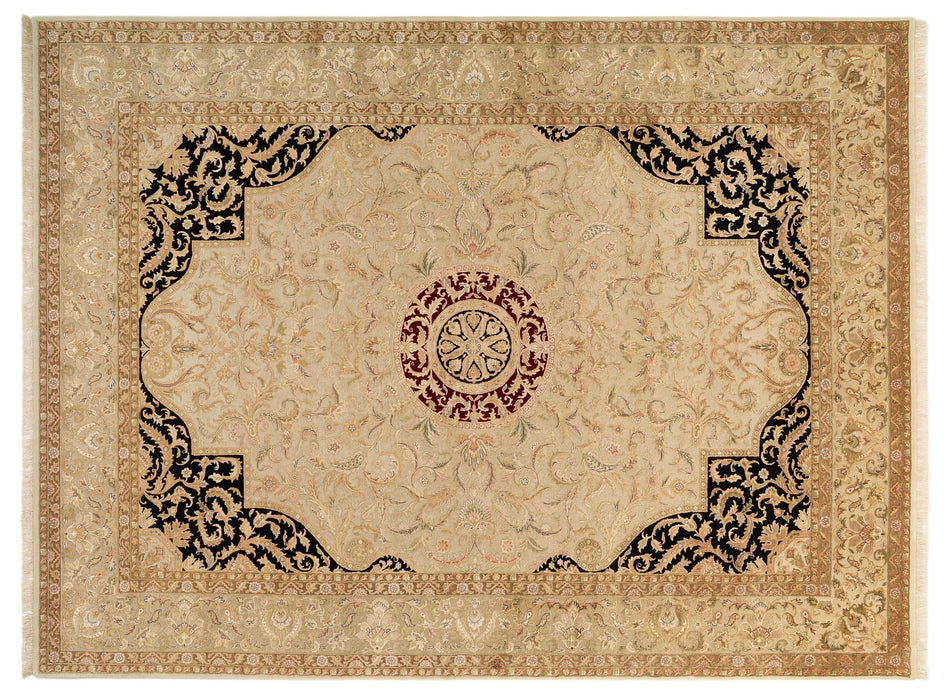New Tabriz 9x12 Beige Wool and Silk Embossed