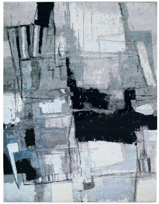 Guernica 8x10 Black/Ivory/Ice Blue Wool and Silk