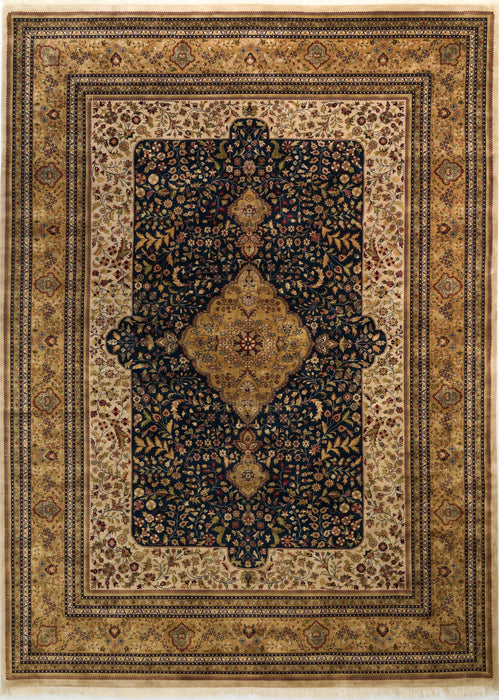 A traditional oriental area rug with an intricate floral pattern, featuring a dark navy blue central field, a beige inner border, and a wide cream outer border.
