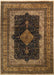 A traditional oriental area rug with an intricate floral pattern, featuring a dark navy blue central field, a beige inner border, and a wide cream outer border.