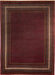 A rectangular area rug with a deep burgundy red center field and a multi-layered border featuring beige, brown, and dark red geometric patterns.
