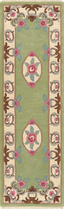 Aubusson 2x8 Green Beige Wool Runner