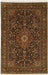 An oriental-style area rug with an intricate floral pattern, featuring a dark central field, a warm rust-red border, and cream fringe on the top and bottom.