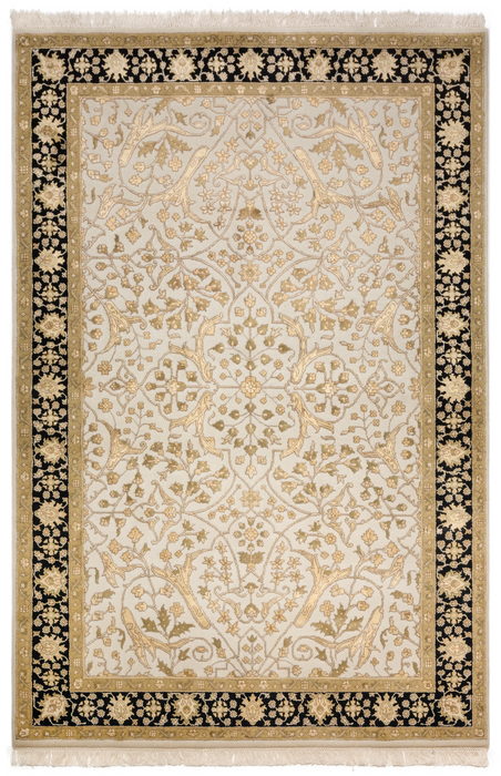 Indo Persian 4x6 Beige/Black Wool and Silk