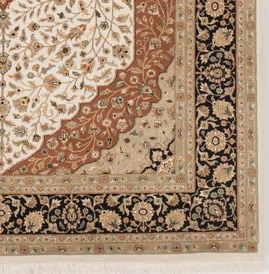 New Tabriz 6x9 Beige/Black Wool and Silk