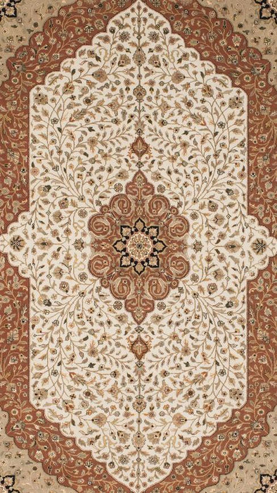 New Tabriz 6x9 Beige/Black Wool and Silk