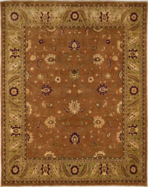A rectangular traditional area rug with a warm brown center field, an olive green border, and cream and burgundy floral motifs.
